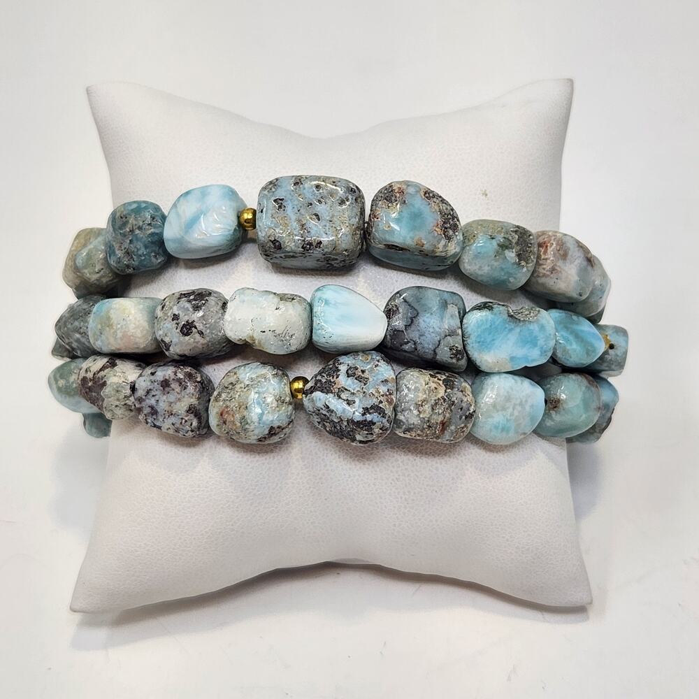 Stauer Larimar Tumbled Bead Triple Strand Bracelet Gold Tone Clasp Adjustable